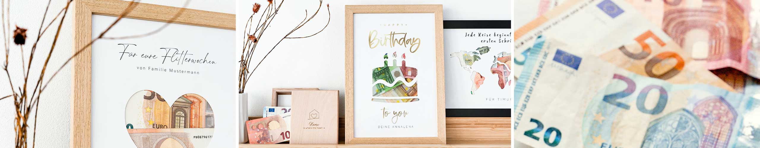 Personalisierte Geldgeschenke kreativ und hochwertig verpacken Geldgeschenke kreativ verpackt als Wandbild oder in Holzbox mit Gravur