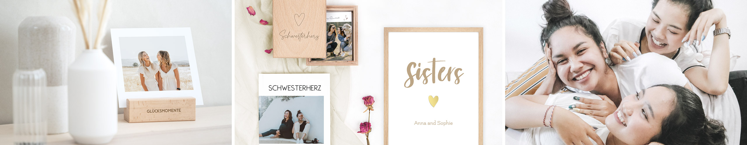 Wandbild, Holzbox und Tischaufsteller mit Fotos als Geschenke für die Schwester