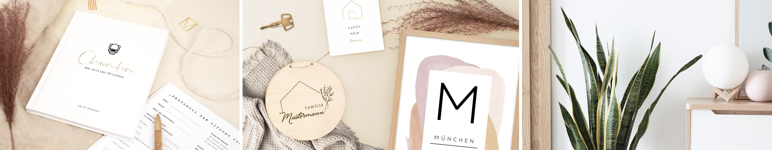 Personalisiertes Türschild, WC-Gästebuch und Wandbild als kreative Geschenke zum Einzug