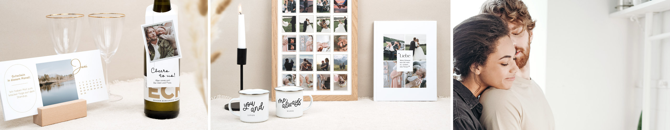 Paar-Tassen, Wandbild, Fotobuch und Tischkalender mit eigenem Text und Foto als personalisierte Geschenke zum Valentinstag
