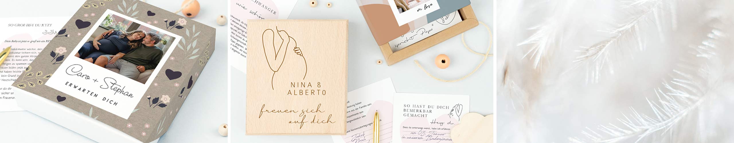 Individuelle Schwangerschaftskarten in personalisierter Holzbox und Papierschachtel