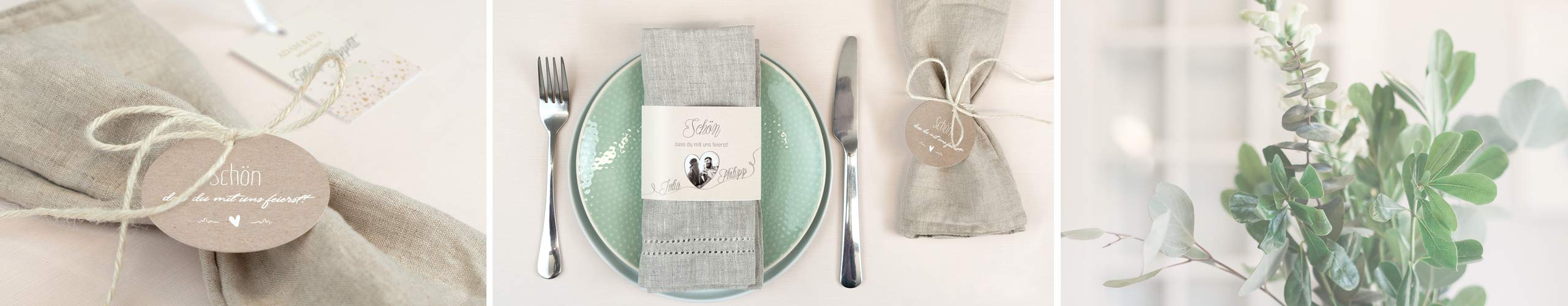 Personalisierbare Bestecktaschen und Serviettenanhänger für die Hochzeit