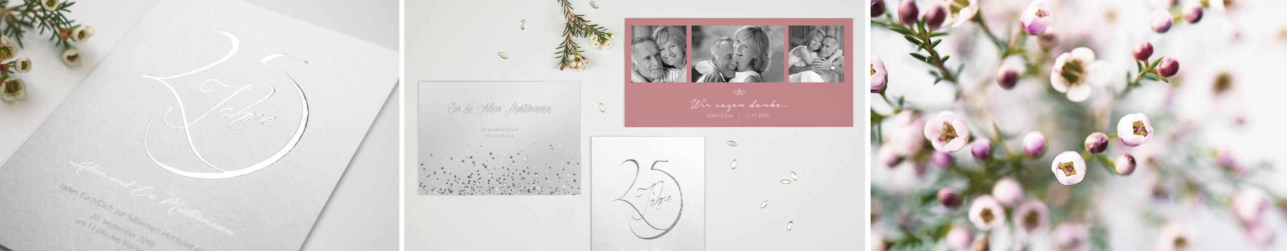 Danksagungskarten zur Silbernen Hochzeit jetzt online selbst gestalten Danksagungskarten zur Silberhochzeit mit verschiedenen Motiven