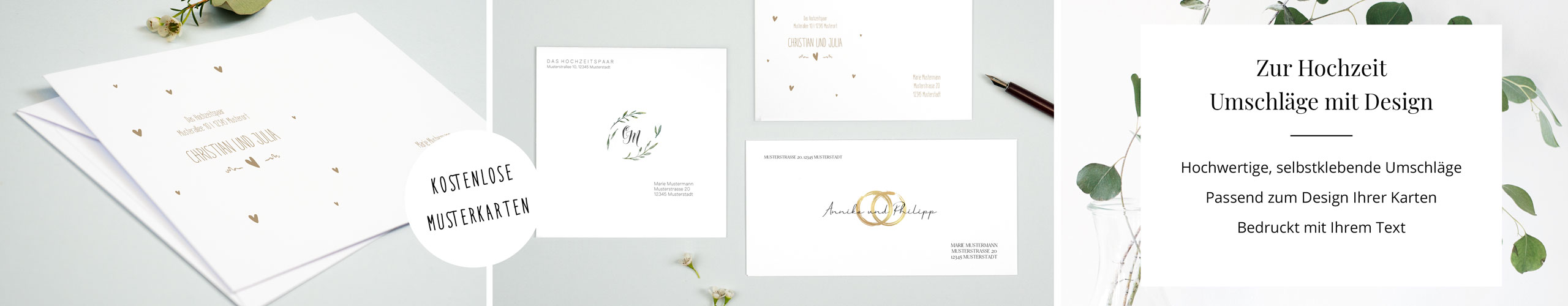 Umschläge für Hochzeitskarten mit unterschiedlichen Designs